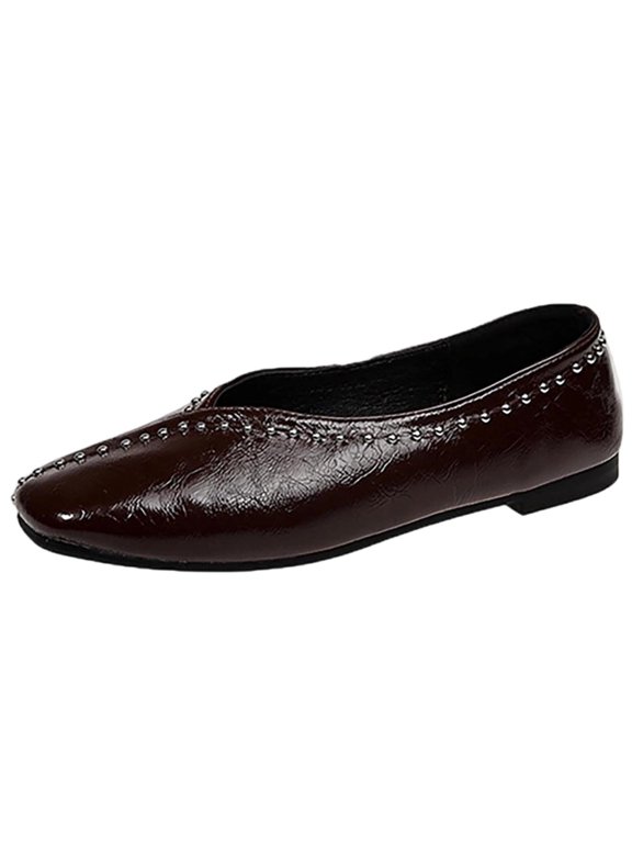 Women's Studded V Cut Flat Square Toe Slip On Low Heel Patent Leather Comfortables Shoes for Daily Work Casual Wear Brown