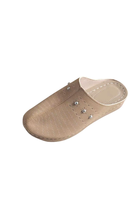 Women's Studed Wedge Mules Closed Toe Perforated Slip On Platform Half Slippers For Spring Summer, Beige