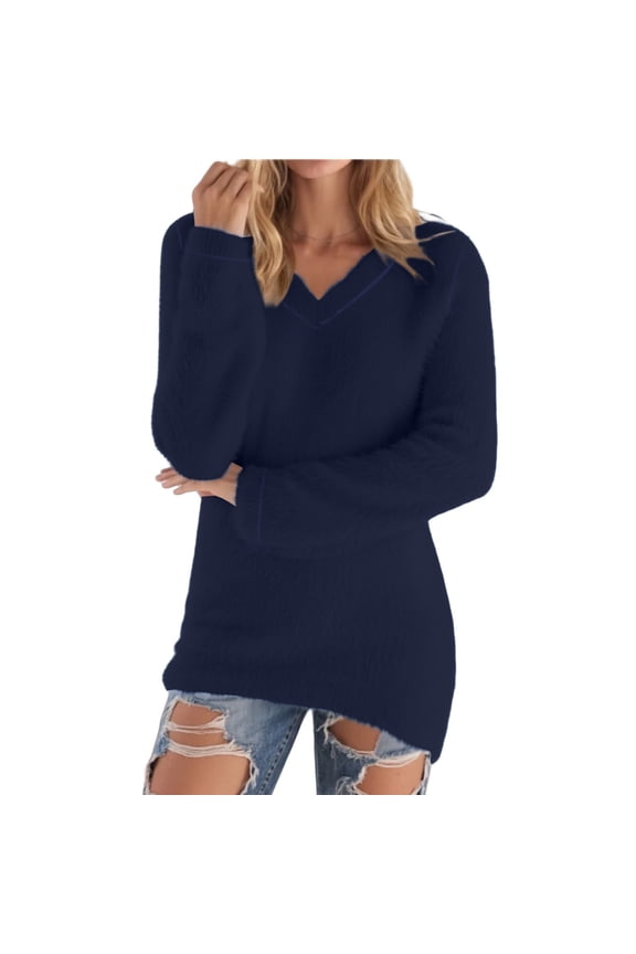 Women's Thermal V-Neck Blouse - Solid Color Warm Long Sleeve Versatile Top Navy