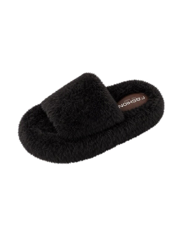 Women's Thick Fuzzy Platform Slippers Open Toe Plush House Shoes with Non Slip Eva Sole for Winter Black