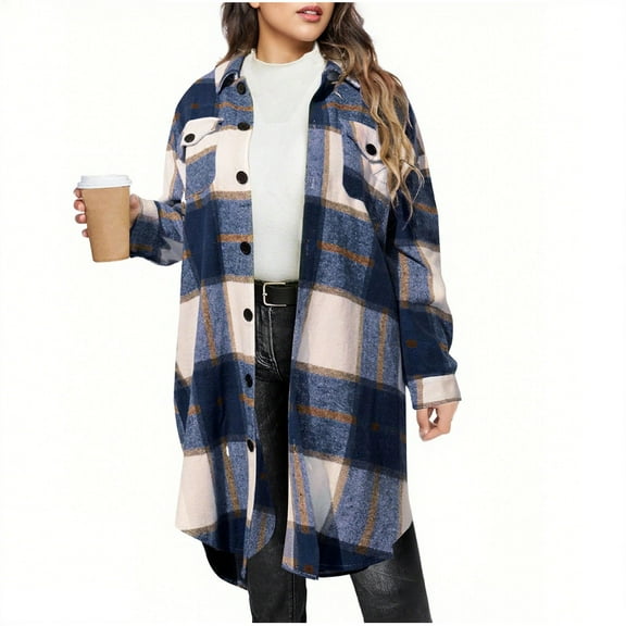 Gpaecead Women's Tweed Lapel Coat With Pocket, Long Sleeve Plaid Shacket For Fall Blue