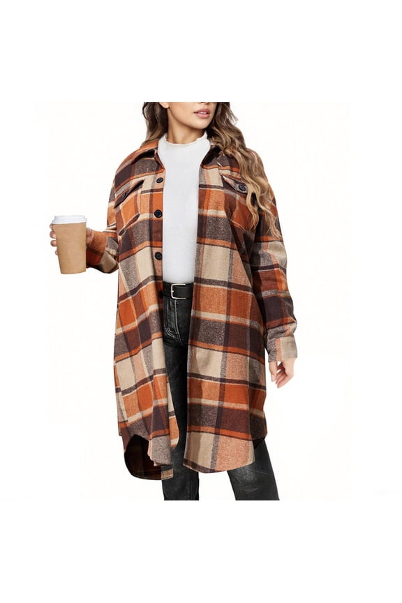 Women's Tweed Lapel Coat With Pocket, Long Sleeve Plaid Shacket For Fall Coffee
