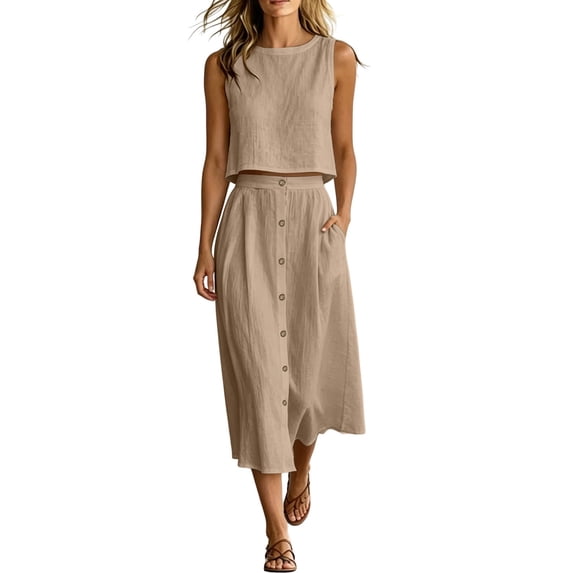 Gpaecead Women's Two Piece Set Sleeveless Crop Top & High Waist A Line Maxi Skirt Cotton Linen Casual Summer Vacation Outfit With Pockets Khaki