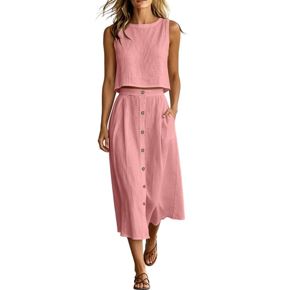 Gpaecead Women's Two Piece Set Sleeveless Crop Top & High Waist A Line Maxi Skirt Cotton Linen Casual Summer Vacation Outfit With Pockets Pink