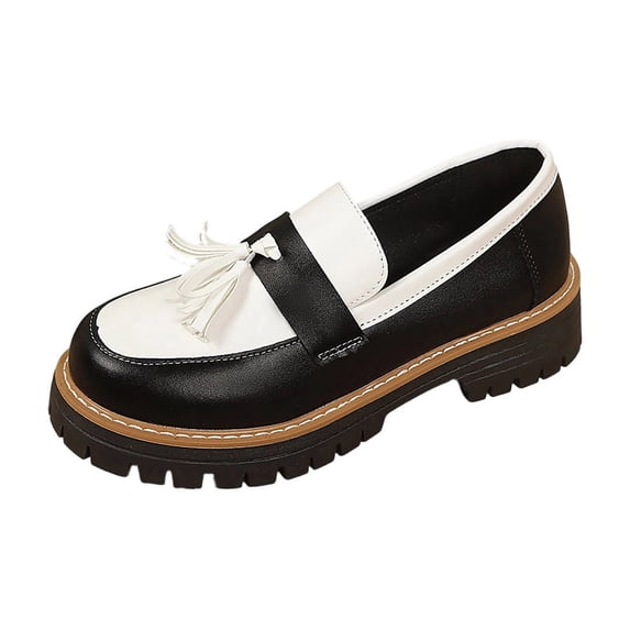 Gpaecead Women's Two Tone Platform Tassel Loafers Faux Leather Chunky Sole Slip On British Style Comfort Shoes For Work And Casual Black