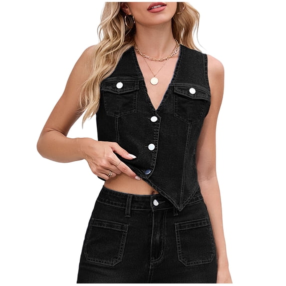 Gpaecead Women's V-Neck Denim Vest - Solid Color Button Front Sleeveless Jacket Black