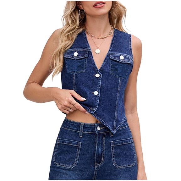 Gpaecead Women's V-Neck Denim Vest - Solid Color Button Front Sleeveless Jacket Blue
