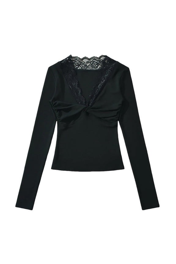Women's V-Neck Lace Trim Top - Solid Color Long Sleeve Layering Blouse Black