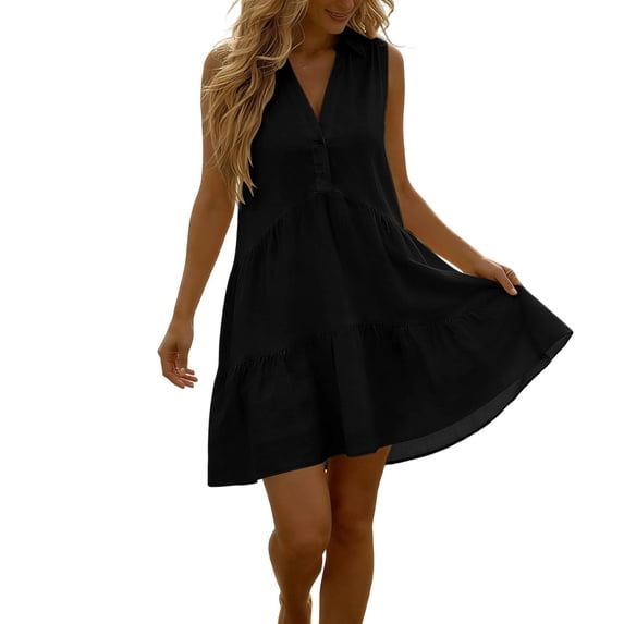 Gpaecead Women's V Neck Sleeveless Tiered Mini Dress Lightweight Casual Summer Beach Vacation Office Outfit Black