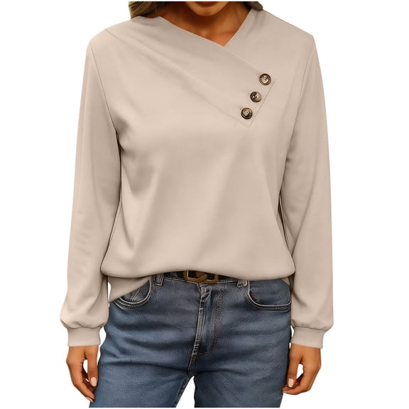 Gpaecead Women's V-Neck Sweatshirt With Button Details - Long Sleeve Casual Pullover Beige