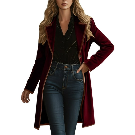 Gpaecead Women's Velvet Color Block Collared Coat - Retro Style Pocket Detail Long Jacket Burgundy