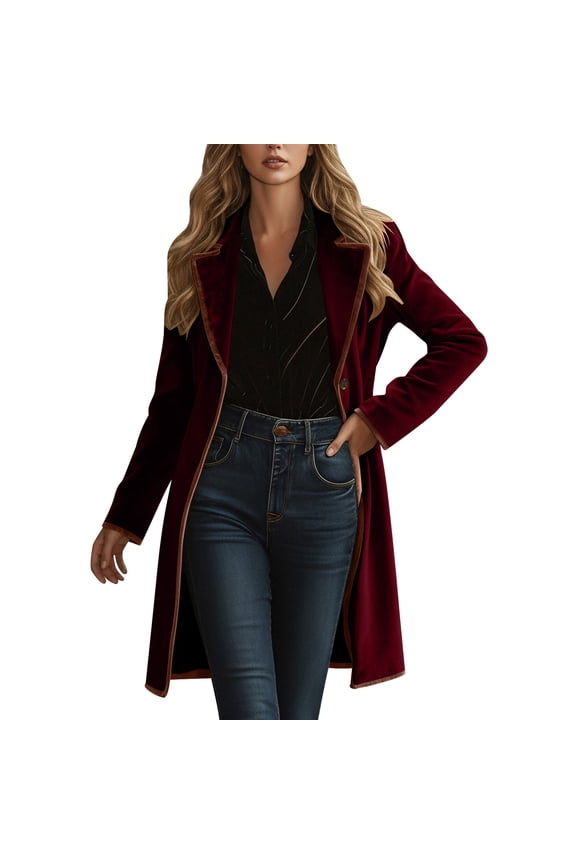 Women's Velvet Color Block Collared Coat - Retro Style Pocket Detail Long Jacket Burgundy
