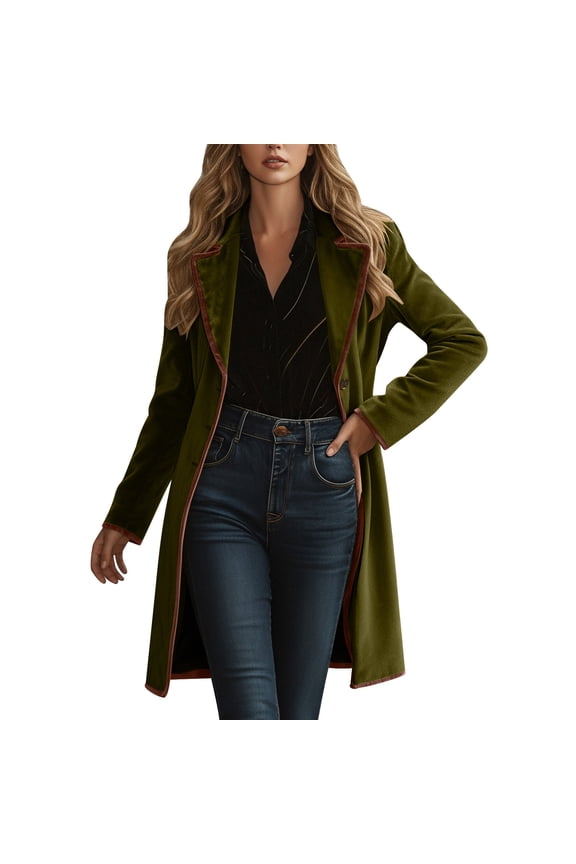 Women's Velvet Color Block Collared Coat - Retro Style Pocket Detail Long Jacket Olive Green