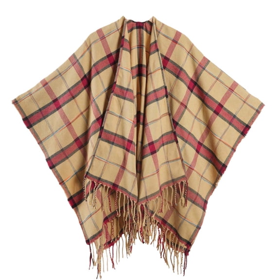 Gpaecead Women's Versatile Colorful Plaid Cape - Oversized Fringe Shawl For Travel & Camping Khaki