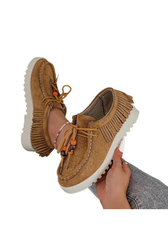 Women's Vintage Beaded Fringe Flat Moccasins Faux Suede Slip On Cushioned Non Slip Comfort Shoes, Yellow