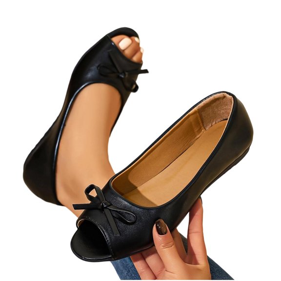 Gpaecead Women's Vintage Bow Low Cut Ballet Flats Open Toe Faux Leather Slip On Comfort Versatile Casual Shoes, B-Black
