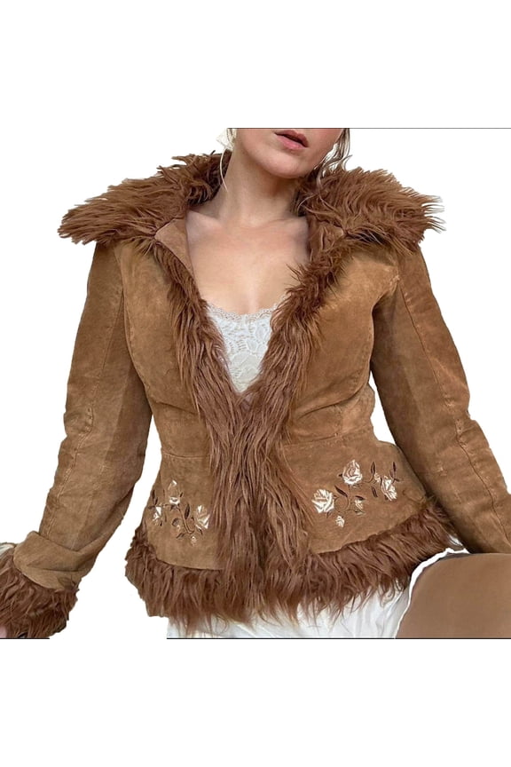 Women's Vintage Floral Embroidered Jacket - Faux Fur Trim Boho Long Sleeve Coat Brown