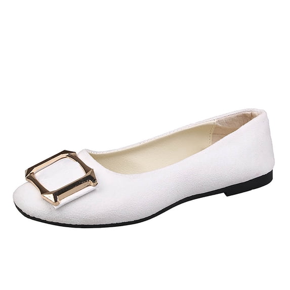 Gpaecead Women's Vintage Gold Buckle Accent Flats Closed Toe Faux Suede Cushioned Insole Non Slip Shoes For Work And Casual, White