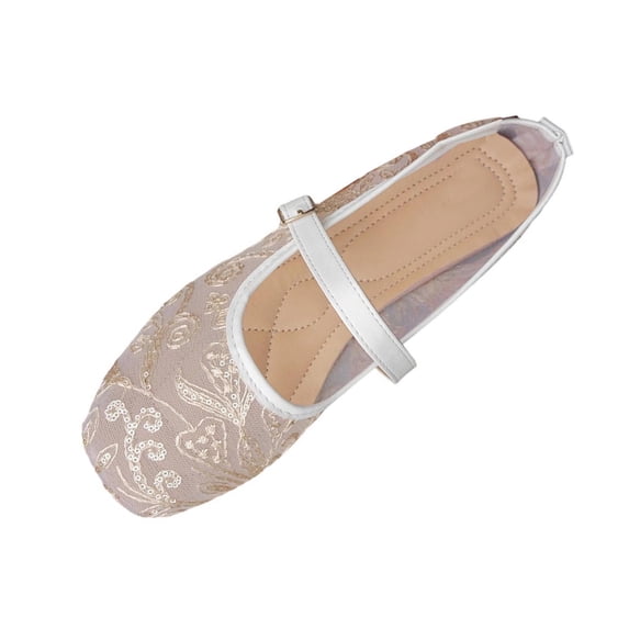 Gpaecead Women's Vintage Lace Sequin Mary Jane Flats Square Toe Adjustable Buckle Cushioned Non Slip Shoes For Weddings And Commute, Gold
