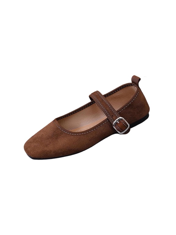 Women's Vintage Mary Jane Flats Square Toe Faux Suede Adjustable Buckle Cushioned Shoes For Work And Casual, Brown
