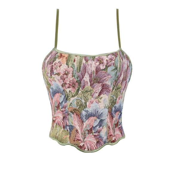 Gpaecead Women's Vintage Print Bustier - Open Back Boned Strapless Corset Top Bodyshaper Crop Top Green