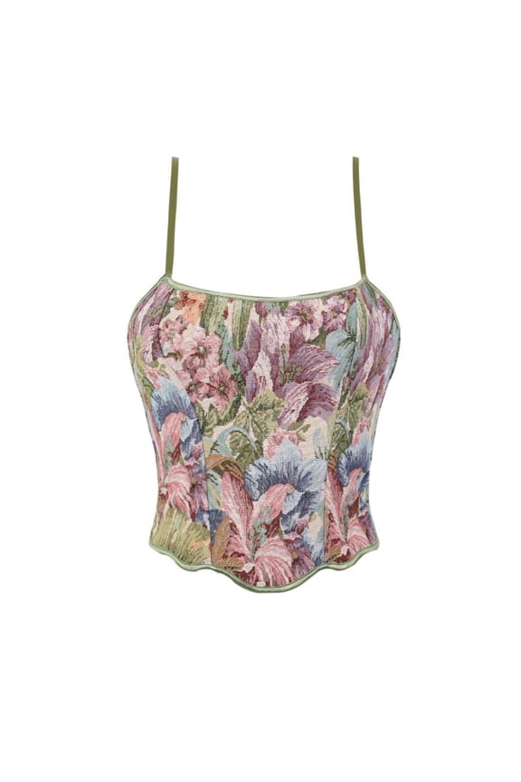 Women's Vintage Print Bustier - Open Back Boned Strapless Corset Top Bodyshaper Crop Top Green
