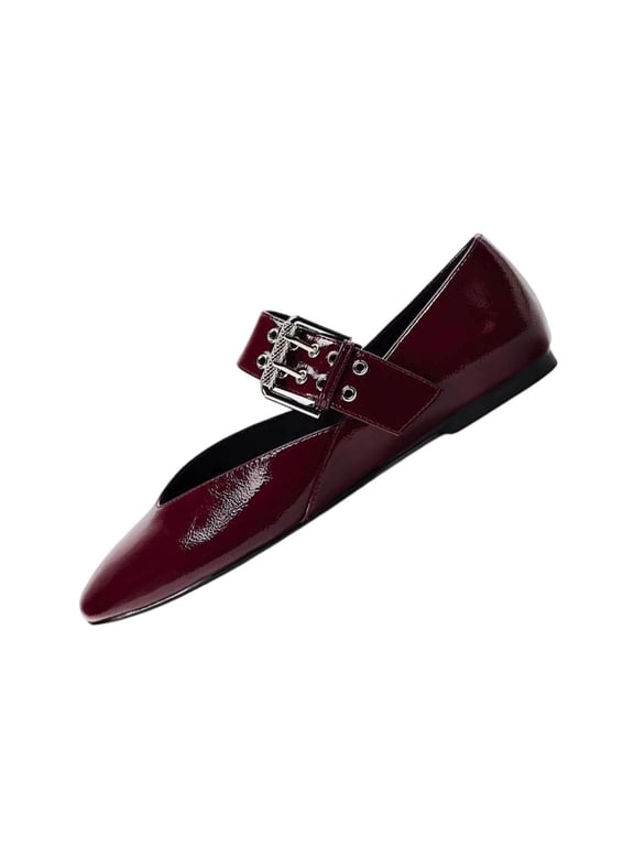 Women's Vintage V Cut Mary Jane Flats Pointed Toe Faux Leather Cushioned Shoes With Adjustable Buckle For Office And Date Burgundy