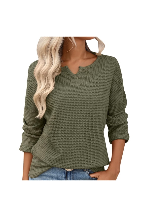 Women's Waffle Knit Pullover Top - Textured Casual Long Sleeve Shirt Olive Green