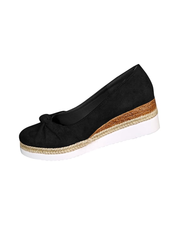 Women's Wedge Espadrille Loafers Faux Suede Round Toe Jute Wrapped Platform Slip On Comfort Shoes For Summer Vacation Black
