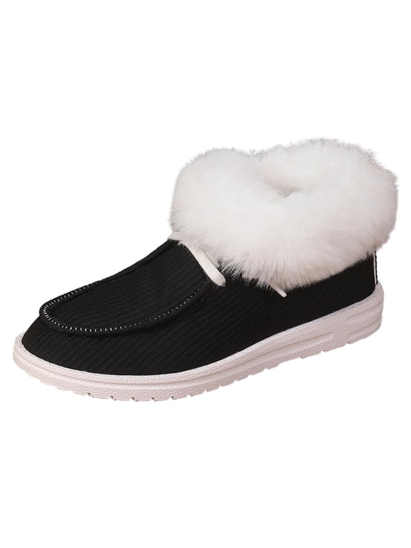 Women's Winter Faux Fur Moccasin Boots Round Toe Slip On Cozy Casual Ankle Booties For Outdoor With Non Slip Sole White