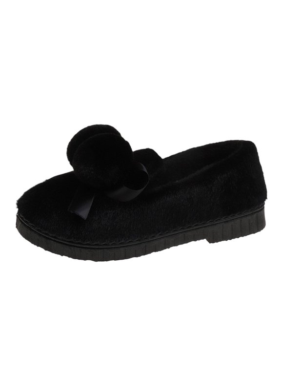 Women's Winter Warm Fuzzy Flats Pom Pom Bow Fleece Lined House Shoes with Non Slip Sole for Indoor Outdoor Black