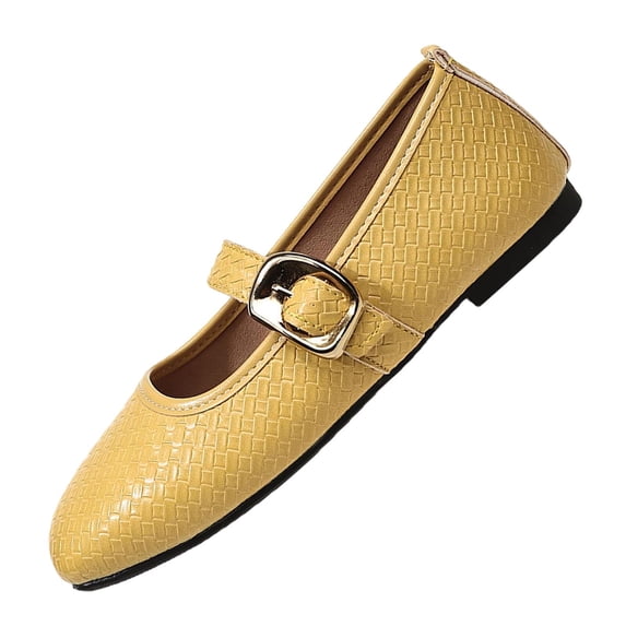 Gpaecead Women's Woven Mary Jane Flats Pointed Closed Toe Oversized Buckle Cushioned Non Slip Shoes For Work Casual, Yellow