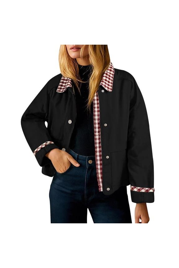 Womens Barn Jackets Lightweight Casual Zip Up Jackets Fall Contrast Plaid Outerwear Coat Black