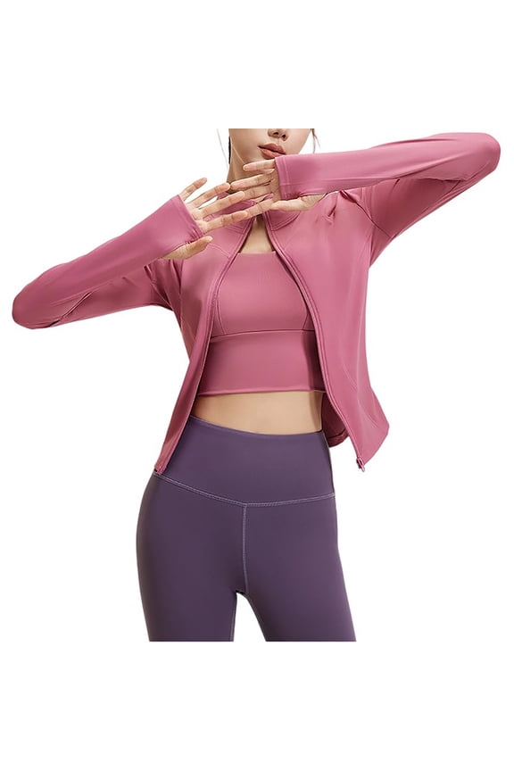 Womens Cropped Full Zip Up Workout Jacket Running Track Jacket Workout Slim Fit Yoga Sportwear With Thumb Holes Pink