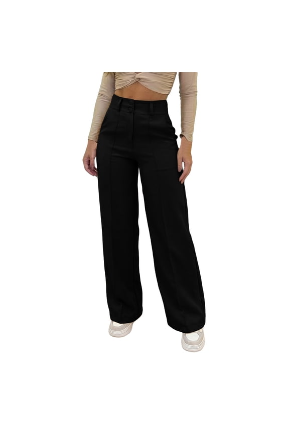 Gpoecd Button Front Pants for Women Solid Color Wide Leg Trousers Minimalist Double Button Front High Waist Casual Palazzo Pants Womens Trouser Pants Black,L