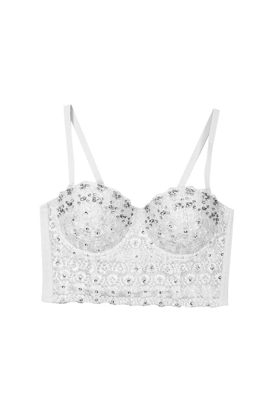 Crop Tank Tops for Women Lace Rhinestone Beaded Belly Dance Corset Fishbone Bustier for Fashionable Layering Womens Camisole White,85