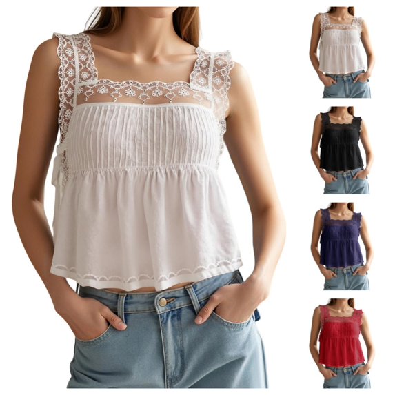 Gpoecd Ladies Tank Tops Women's Tanks for Casual Wear Lace Trimmed Round Neck Top for Summer Days Womens Camisole 02_White,L