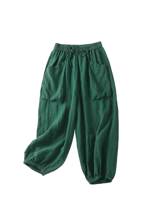 Loose Pants for Women Casual Harem Blend Cropped with Elastic Waist Side Pockets Comfortable Loose Fit Relaxed Ankle for Everyday Wear Womens Trousers 01_Green,M
