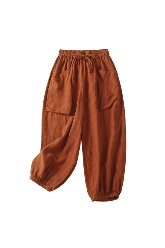 Loose Pants for Women Casual Harem Blend Cropped with Elastic Waist Side Pockets Comfortable Loose Fit Relaxed Ankle for Everyday Wear Womens Trousers 01_Orange,M
