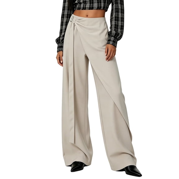 Gpoecd Plus Size Pants High Waist Casual Trousers with Irregular and Flowy Ribbon Detail Loose Fit Straight Leg for Everyday Comfort Wide Leg Trousers Women Beige,S