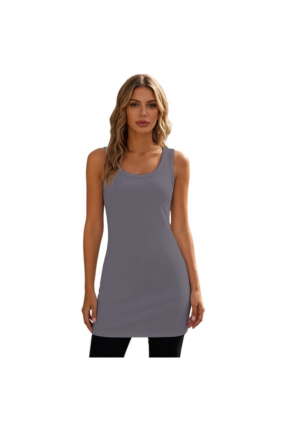 Plus Size Tank Tops for Women Longline Crew Neck Basic Layering Stretch Fit Comfortable Camisole with Built In Bra Grey,S