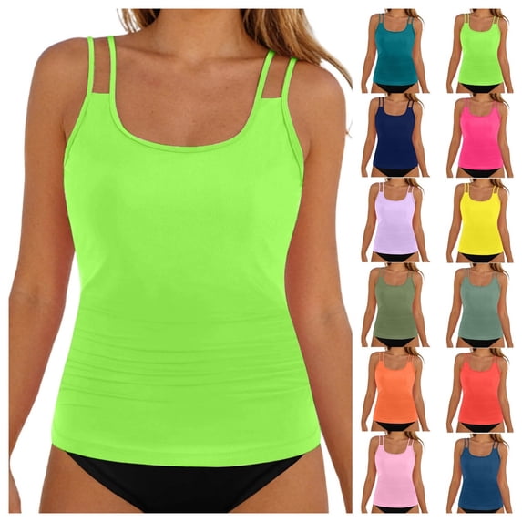 Gpoecd Plus Size Tankini Top Classic Comfortable Two Piece High Waisted Swimwear Top with Swim Shorts Swimsuit Tops 02_Green,L