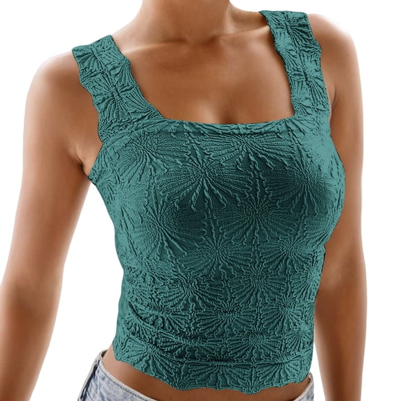 Gpoecd Square Neck Tank Top Ribbed Sleeveless Crop Top Summer Clothes for Women Womens Camisole Tank Tops Dark Green,L