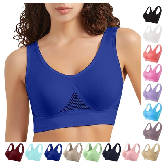 Gpoecd Wireless Bra Breathable Mesh Sports Bra Supportive Workout Top for Running Yoga and Fitness with Lace Back Design Comfortable Bras for Women Blue_003,XL