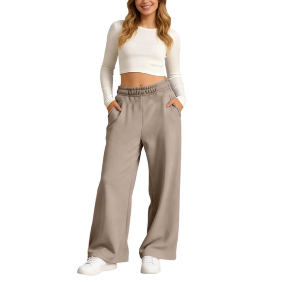 Gpoecd Women'S Sweatpants Casual Pants Elastic Waist Wide Leg Sweatpants with Pockets Comfortable Loose Fit Trousers No Workout Pants Women Khaki,S