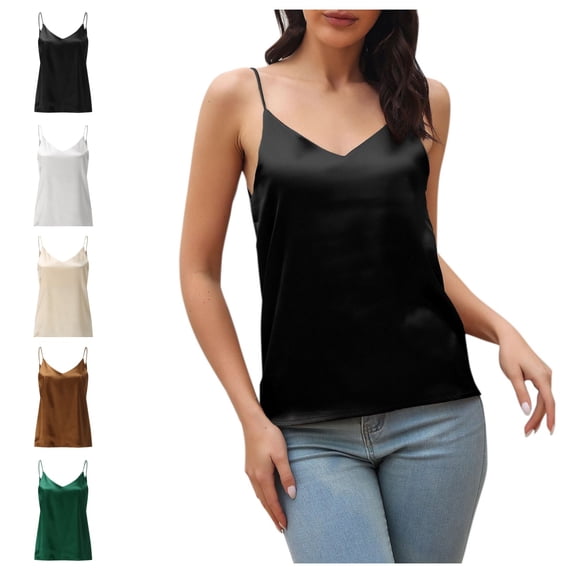 Gpoecd Womens Spaghetti Strap V Neck Satin Camisole Sleeveless Soft Tank Top Tank Tops for Women 01_Black,XL