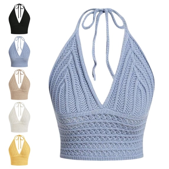 Gpoecd Womens Summer Tank Tops Summer V Neck Hollow Knit Camisole Sleeveless Beach Boho Casual Stretchy Camisoles for Women Blue,S