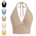 thumbnail image 1 of Gpoecd Womens Summer Tank Tops Summer V Neck Hollow Knit Camisole Sleeveless Beach Boho Casual Stretchy Camisoles for Women Khaki,S, 1 of 6