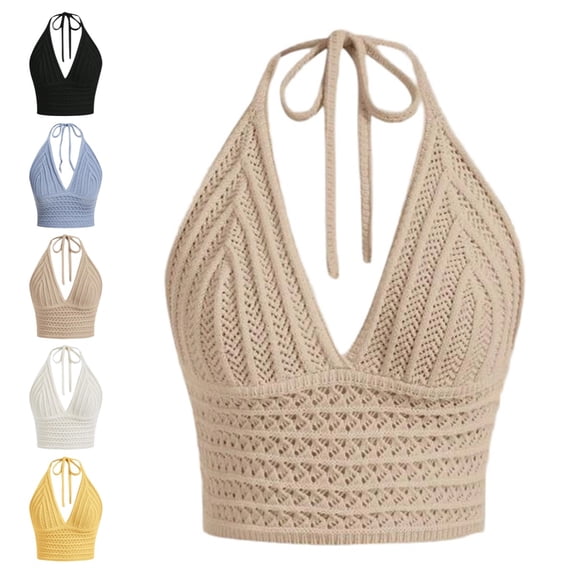 Gpoecd Womens Summer Tank Tops Summer V Neck Hollow Knit Camisole Sleeveless Beach Boho Casual Stretchy Camisoles for Women Khaki,S
