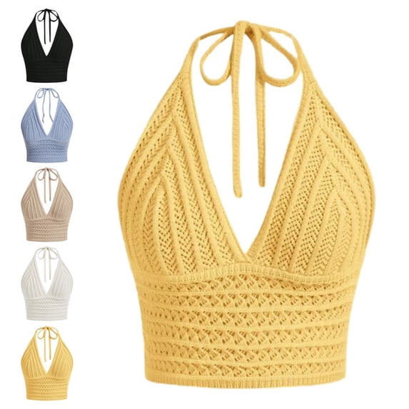 Gpoecd Womens Summer Tank Tops Summer V Neck Hollow Knit Camisole Sleeveless Beach Boho Casual Stretchy Camisoles for Women Yellow,S